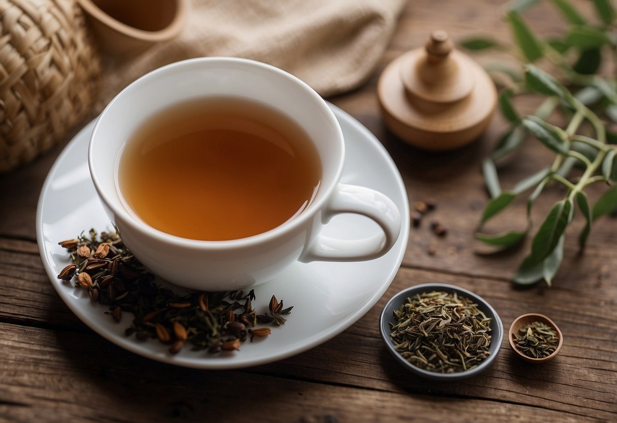 A steaming cup of tea sits on a rustic wooden table, surrounded by a scattering of dried tea leaves and a delicate porcelain teapot