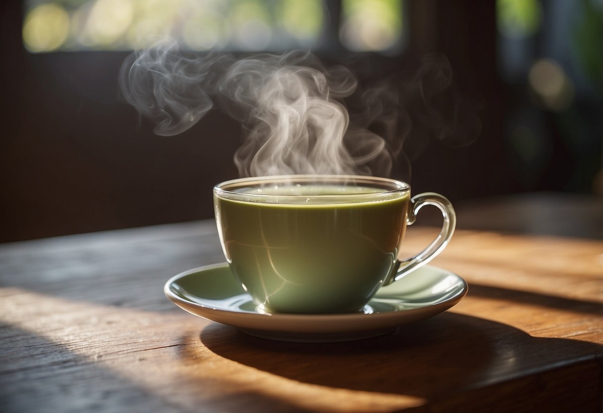 A steaming cup of calming tea sits on a wooden table, surrounded by a soft glow of natural light