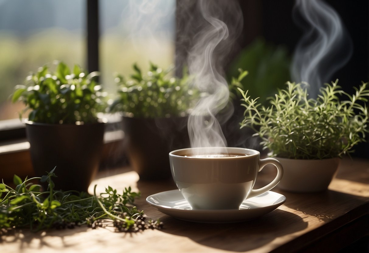 Steaming cup on saucer, surrounded by loose tea leaves and herbs. Soft light filters through a window onto the scene