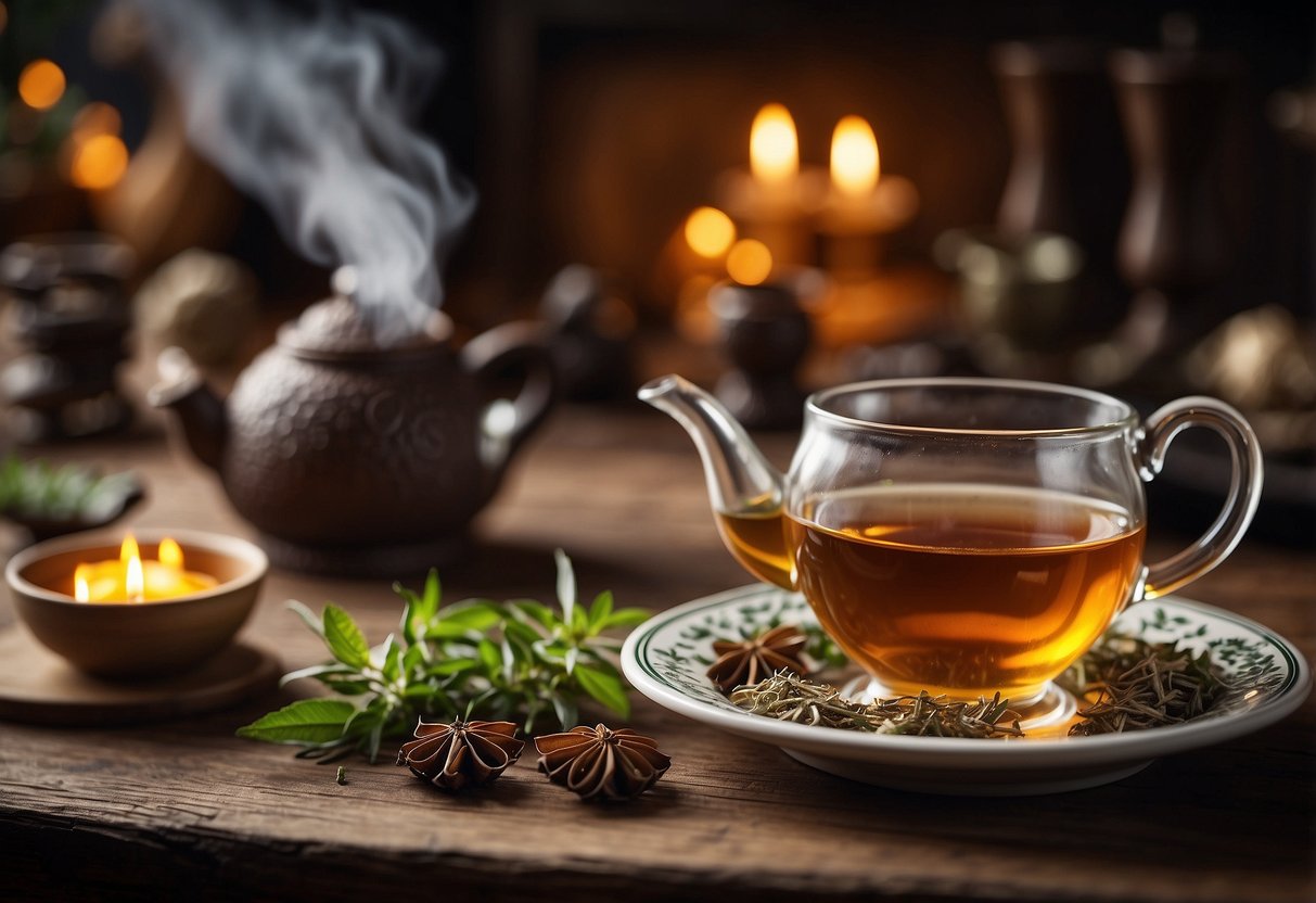 A steaming cup of herbal tea sits on a wooden table, surrounded by traditional cultural artifacts and symbols of tranquility