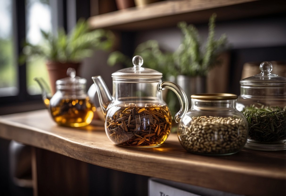 A hand reaches for a box of calming tea on a shelf, next to jars of dried herbs and a teapot