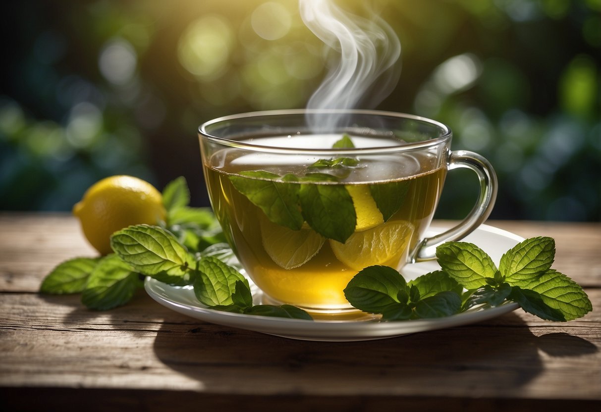 A steaming cup of mint tea sits on a wooden table, surrounded by fresh mint leaves and a lemon slice. The tea is known for its soothing and digestive properties, perfect for relaxation and wellness