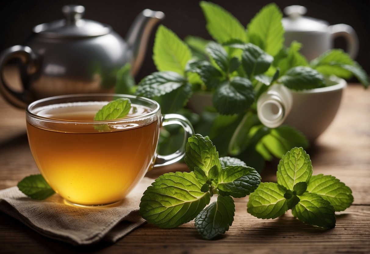 A steaming cup of mint tea sits on a wooden table, surrounded by fresh mint leaves and a tape measure, symbolizing potential weight loss support