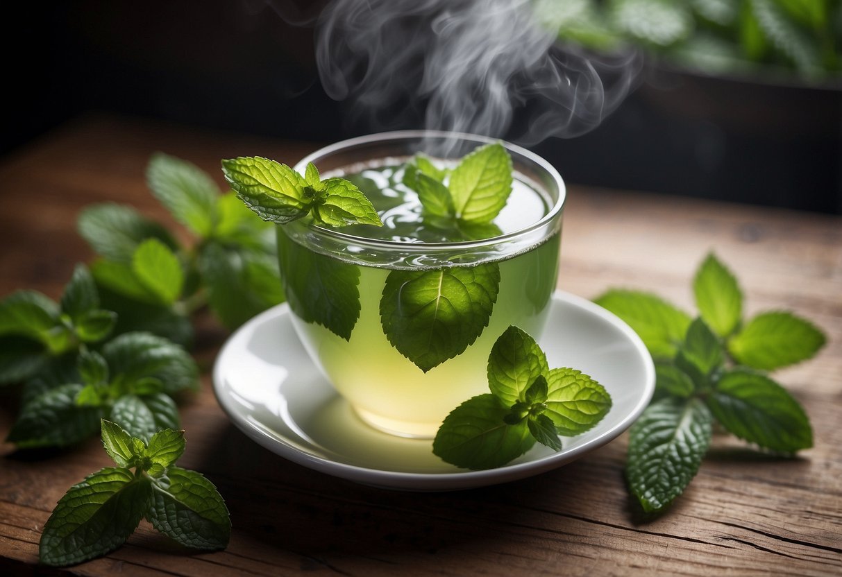 A steaming cup of mint tea sits on a wooden table, surrounded by fresh mint leaves. The aroma of the tea fills the air, evoking a sense of calm and freshness