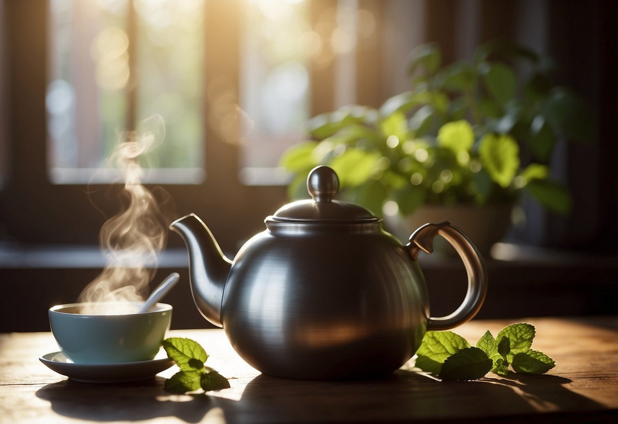 A steaming teapot sits on a wooden table, surrounded by fresh mint leaves and a mortar and pestle. Sunlight streams through a nearby window, casting a warm glow on the scene