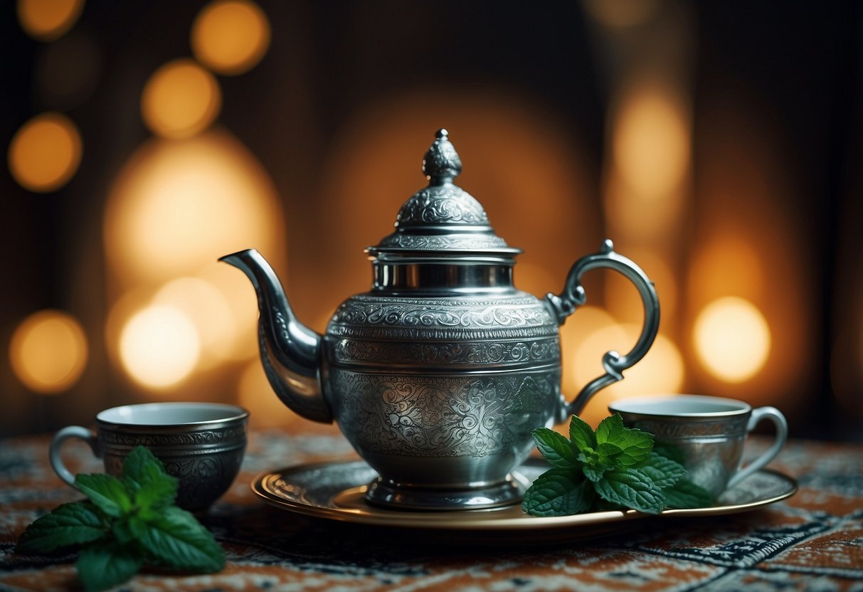 A steaming cup of mint tea sits on a patterned rug, surrounded by traditional Moroccan tea glasses and a silver teapot. A faint aroma of mint fills the air