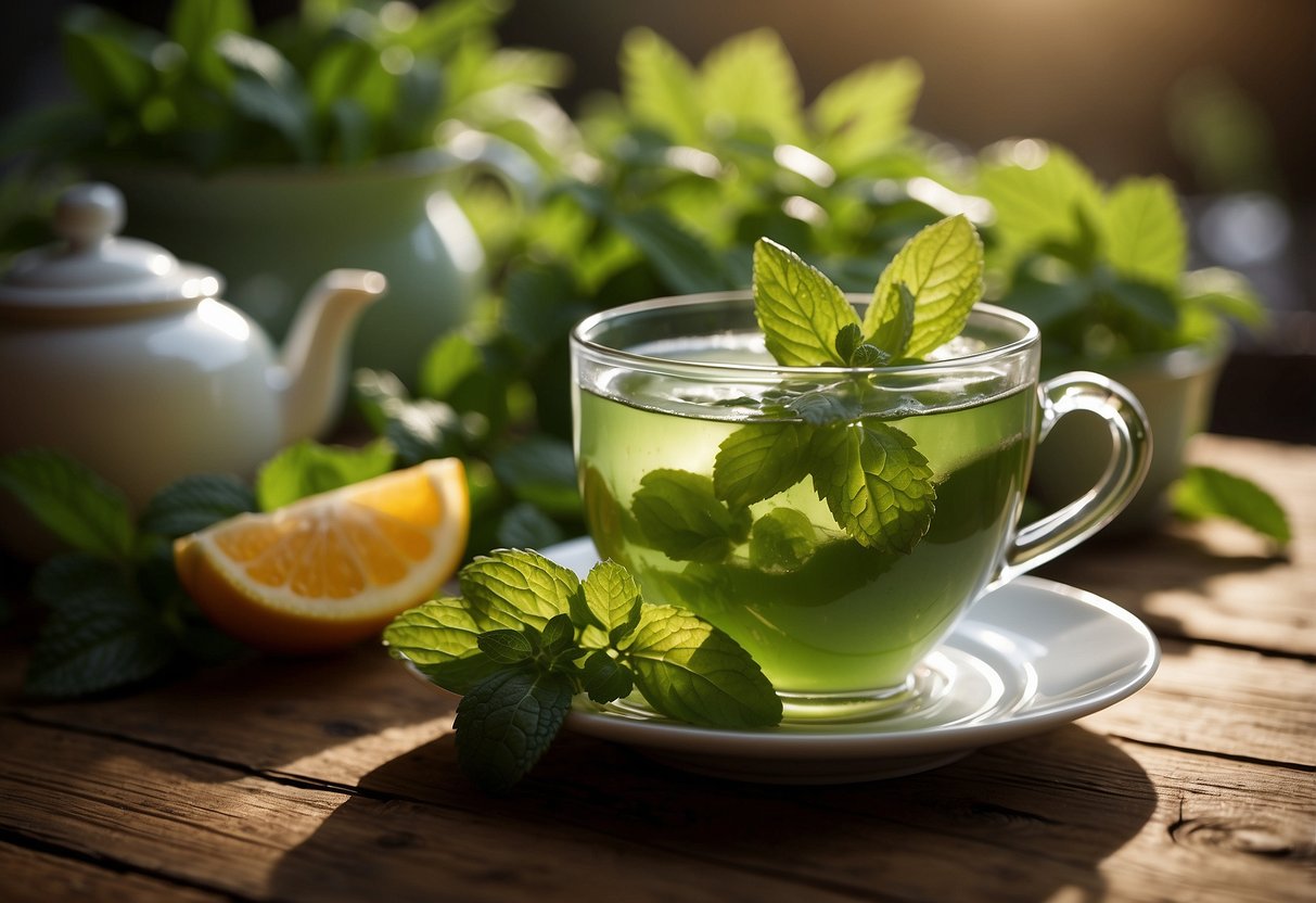 A steaming cup of mint tea surrounded by fresh mint leaves, fruits, and vegetables on a wooden table