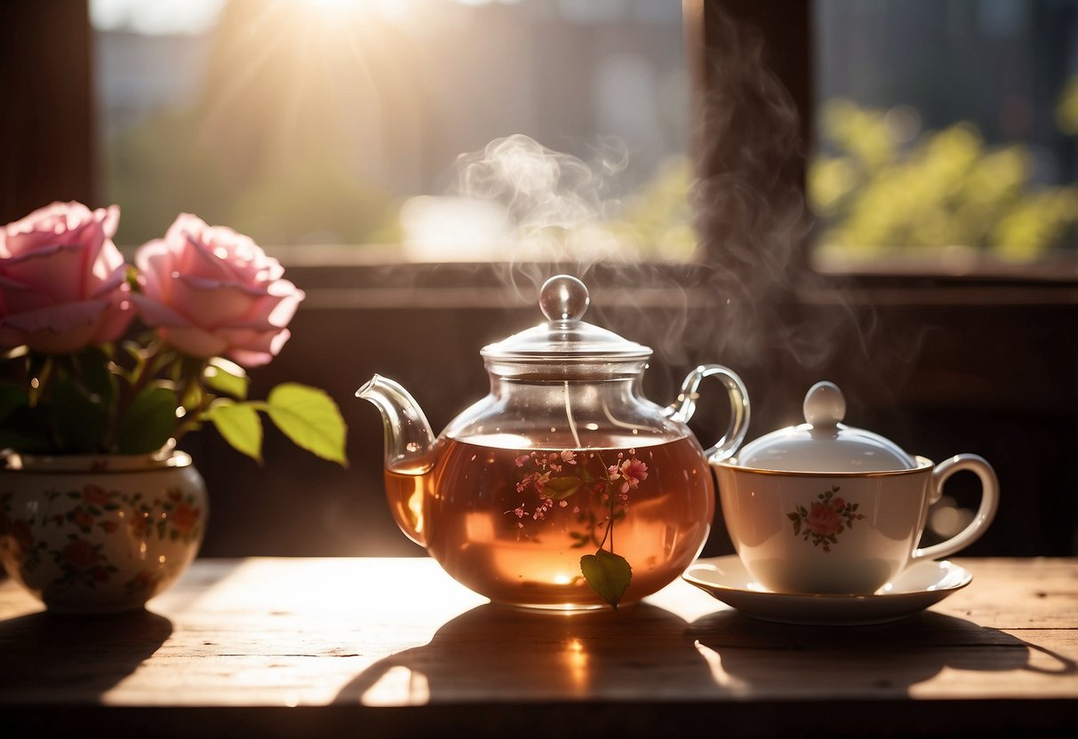 A steaming cup of rose tea surrounded by fresh rose petals and a teapot on a wooden table. Sunlight filters through a window, casting a warm glow on the scene