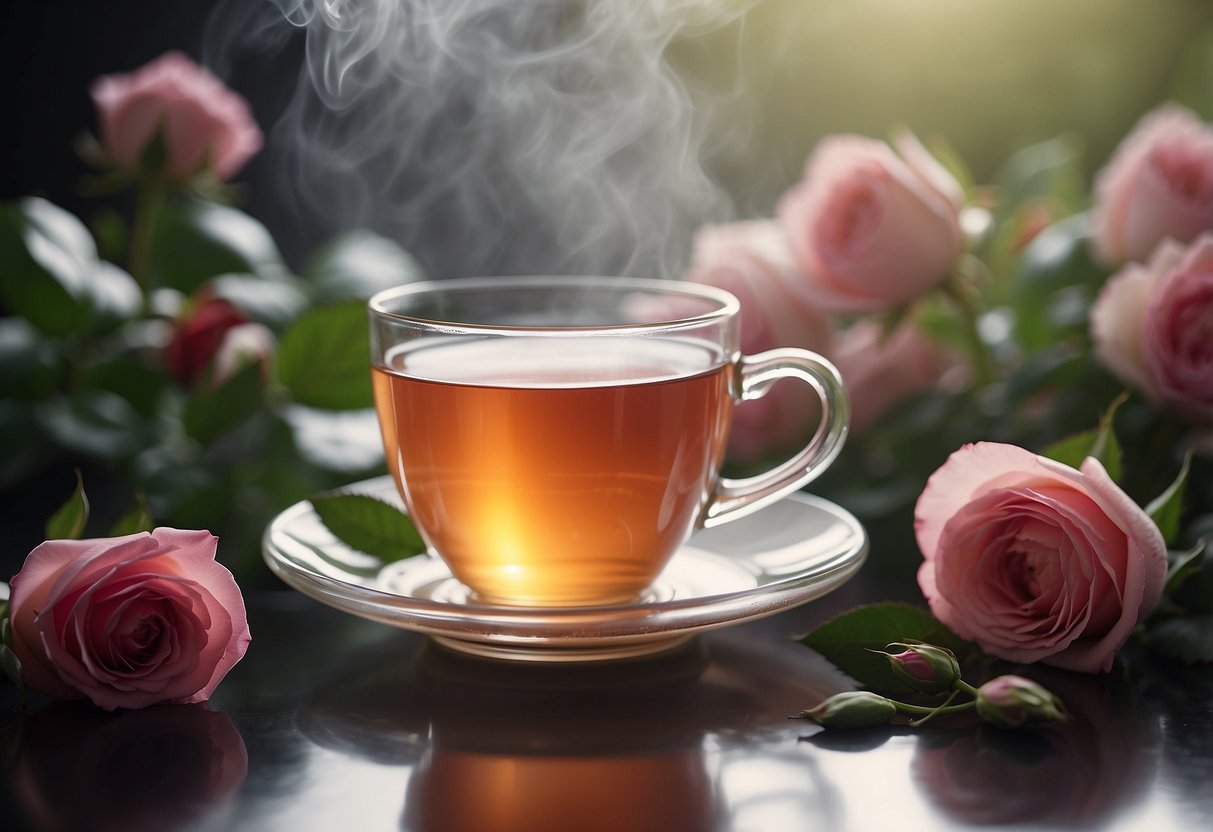 A steaming cup of rose tea surrounded by fresh roses and a nutrition label highlighting its benefits