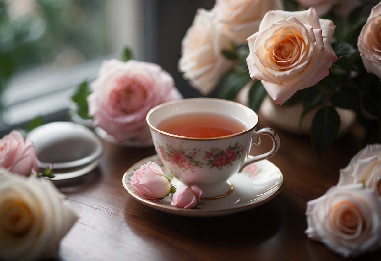 A steaming cup of rose tea surrounded by blooming roses and a list of potential side effects and considerations