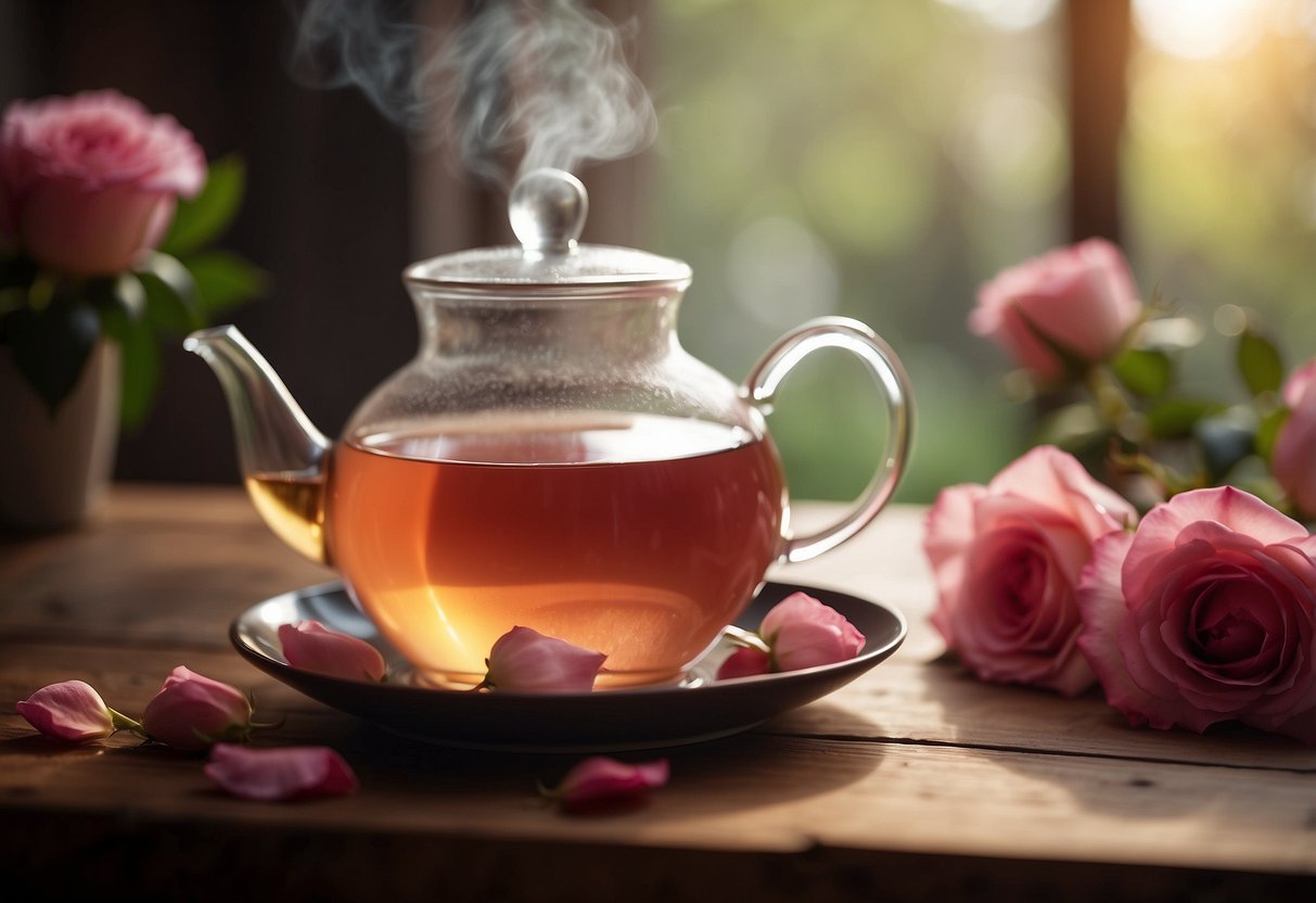 A steaming cup of rose tea sits on a wooden table, surrounded by fresh rose petals and a teapot. The warm, inviting scene highlights the benefits of incorporating rose tea into your diet