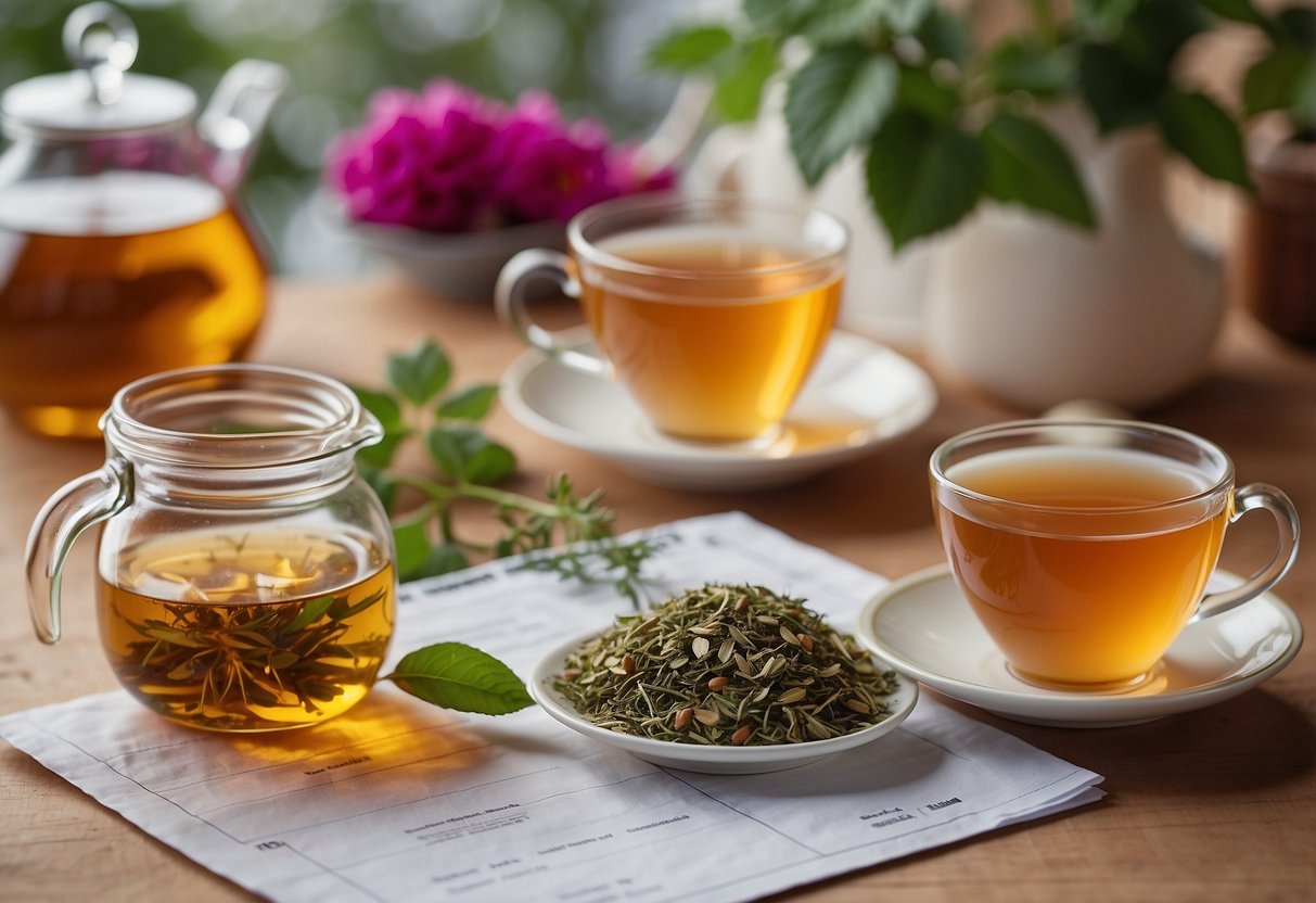 A table with various herbal tea ingredients and a chart showing the benefits of rose tea compared to other herbal teas