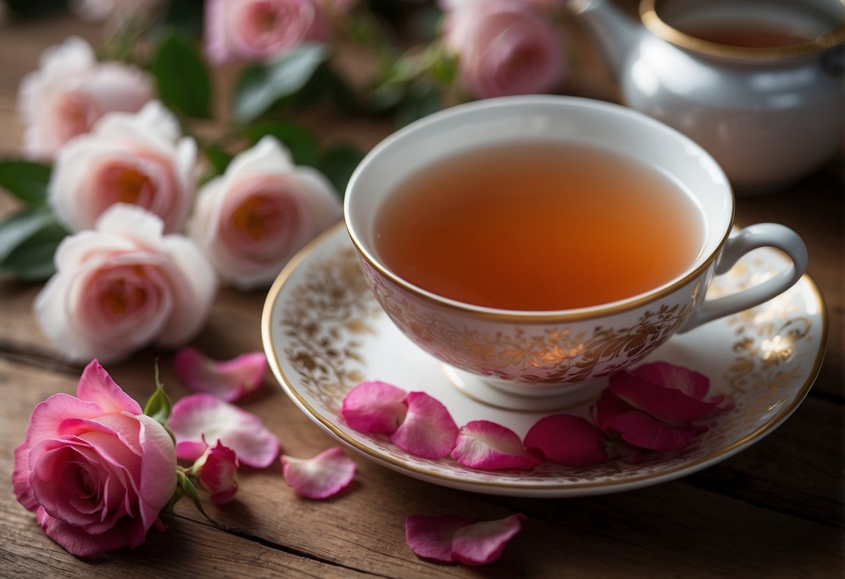 A steaming cup of rose tea sits on a wooden table, surrounded by fresh rose petals. A research paper on rose tea efficacy is open nearby