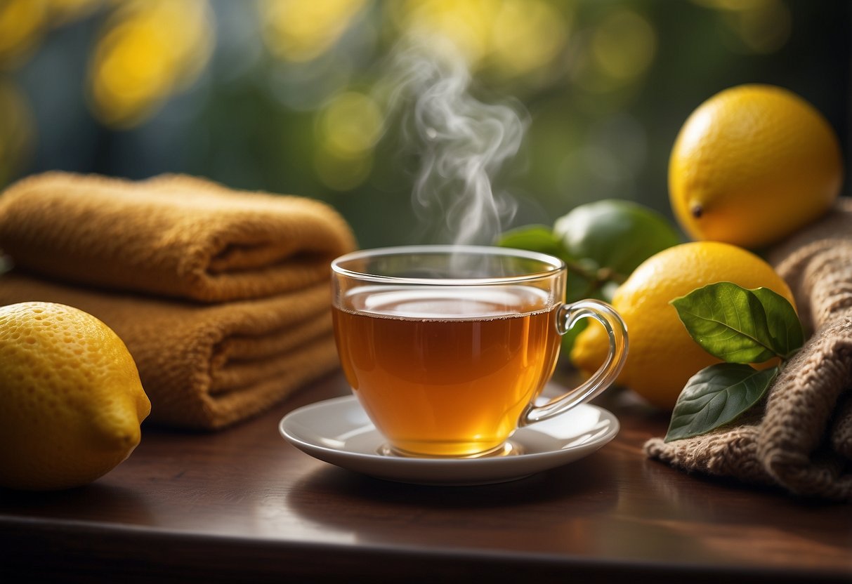 Steaming cup of tea surrounded by lemon and honey, with a blanket in the background