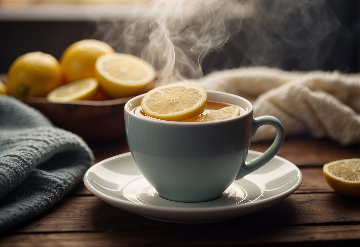 Steam rising from a hot cup of tea surrounded by a cozy blanket and a bowl of sliced lemon and ginger