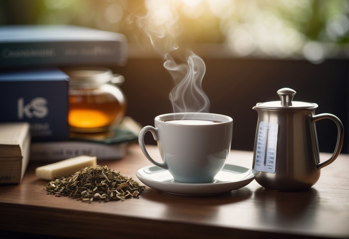 A steaming cup of herbal tea next to a box of non-herbal tea, surrounded by tissues and a thermometer