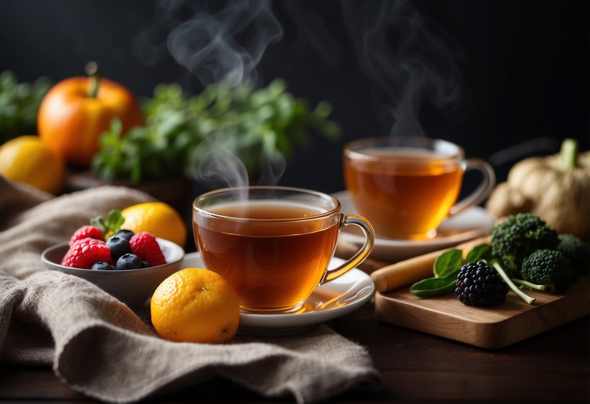 A steaming cup of antioxidant-rich tea surrounded by fresh fruits and vegetables, with a warm blanket nearby