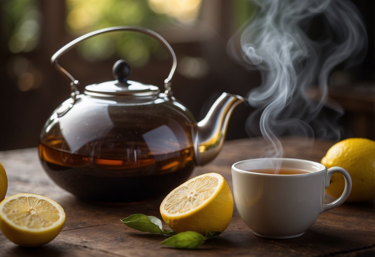 A steaming teapot sits on a cozy table, surrounded by fresh lemon slices, honey, and a box of soothing herbal tea bags