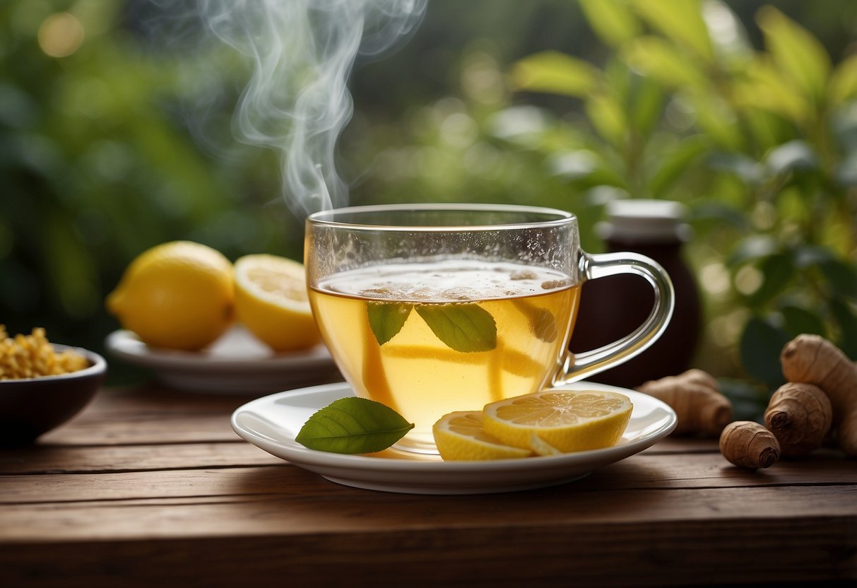 A steaming cup of herbal tea surrounded by fresh ginger, lemon, and honey on a wooden table