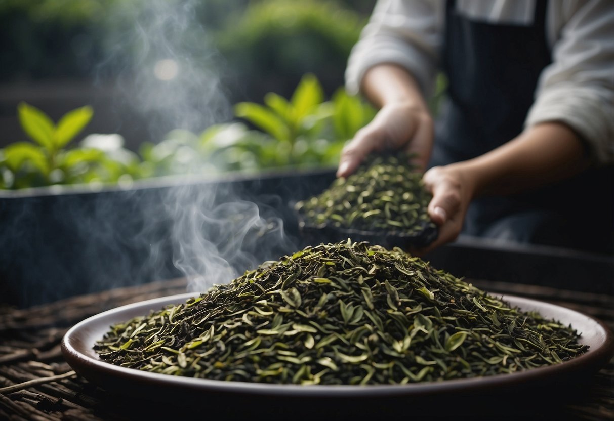 A tea farmer roasts green tea leaves over charcoal, creating the unique aroma and flavor of hojicha