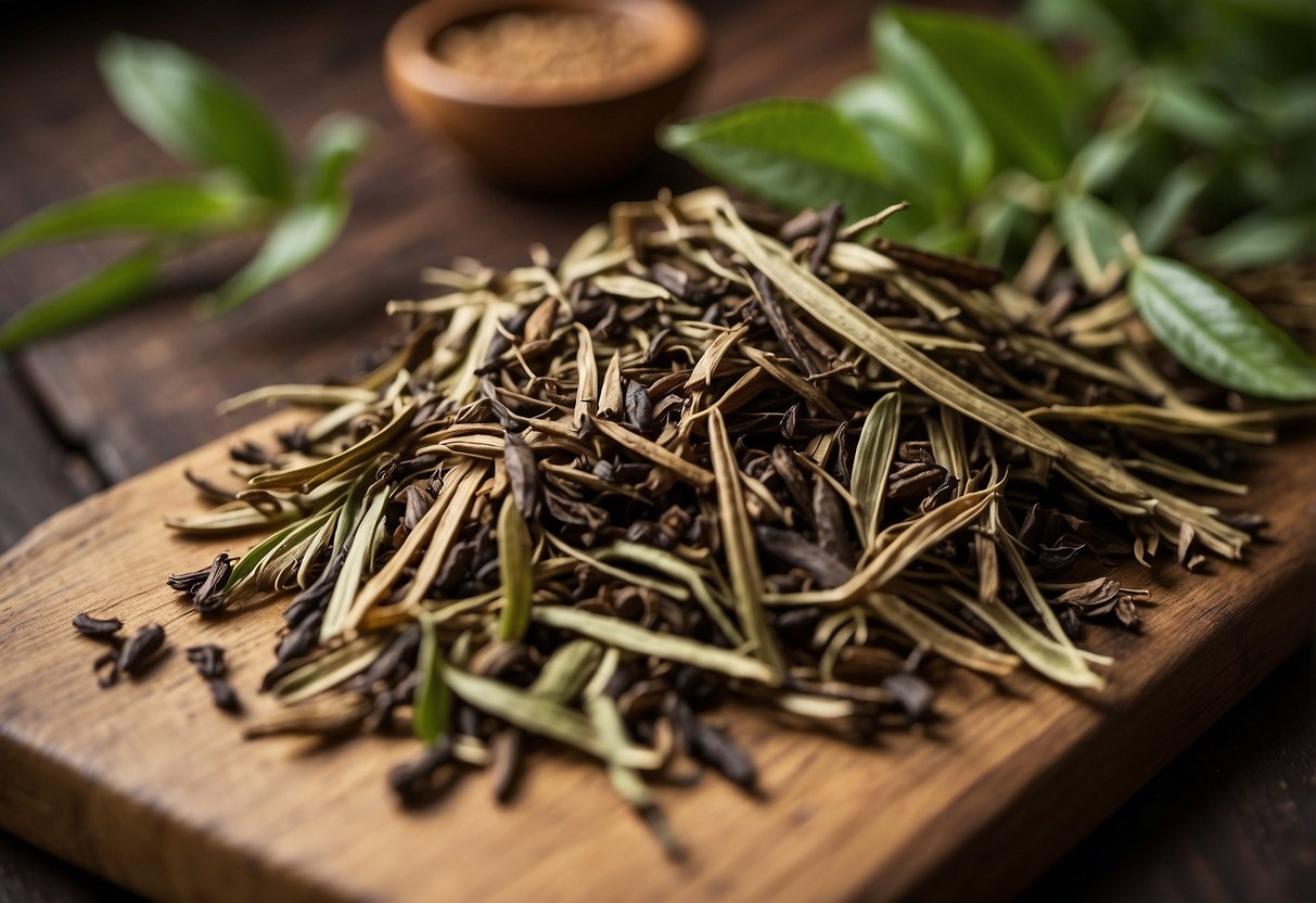 A variety of hojicha leaves, stems, and twigs spread out on a wooden table, showcasing different shades and textures