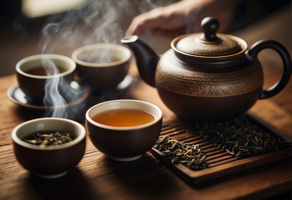 A teapot pours steaming hojicha into a delicate cup, surrounded by loose tea leaves and a traditional Japanese tea set