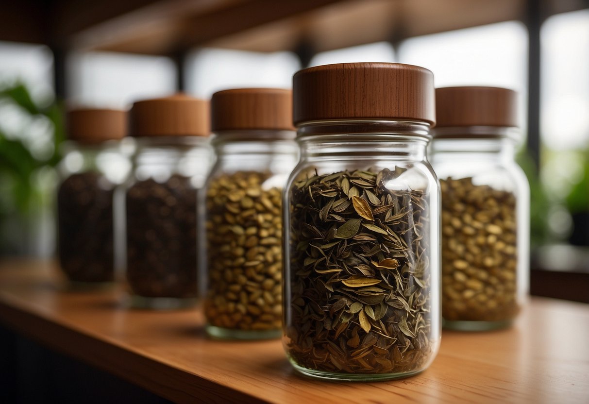 A jar of hojicha tea leaves sits on a wooden shelf, surrounded by other tea varieties. The room is dimly lit, with soft natural light filtering in through a nearby window