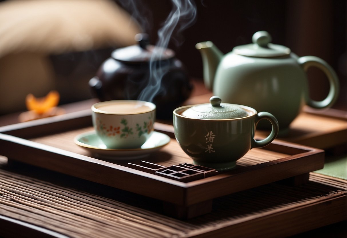 A serene Japanese tea ceremony, with a steaming cup of hojicha placed on a wooden tray, surrounded by traditional tea utensils and a tranquil tatami mat floor