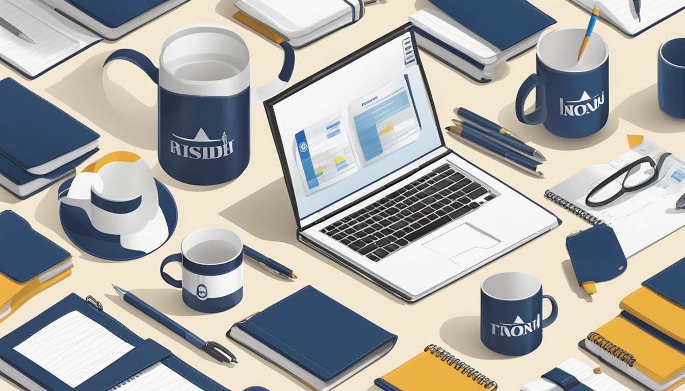 A table filled with branded corporate gifts, including pens, notebooks, and mugs. A company logo is prominently displayed on each item