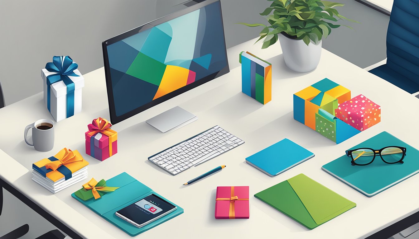 A table showcasing various corporate gifts with the I Love Gifts LLP logo. Bright, modern office setting with professional atmosphere