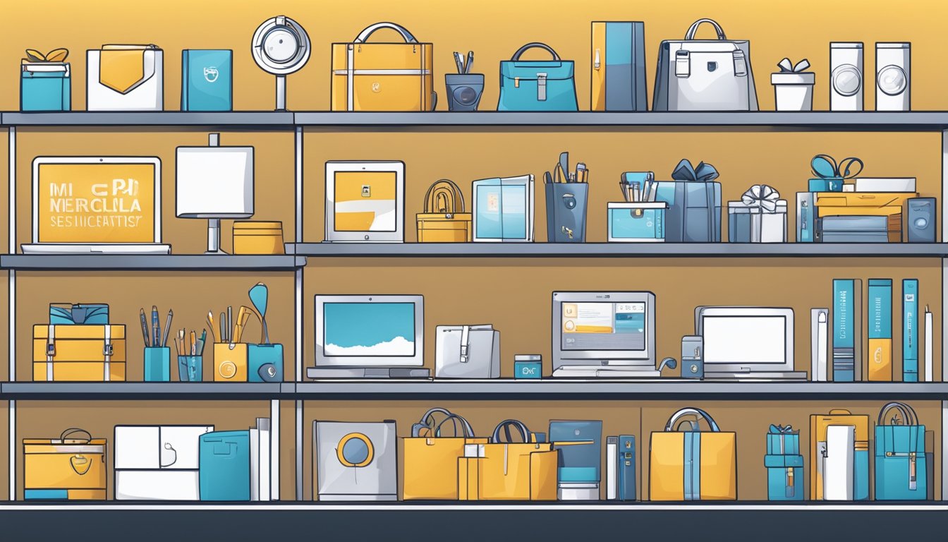 A display of corporate gifts arranged on shelves, including branded merchandise, tech gadgets, and elegant stationery. Bright lighting highlights the products