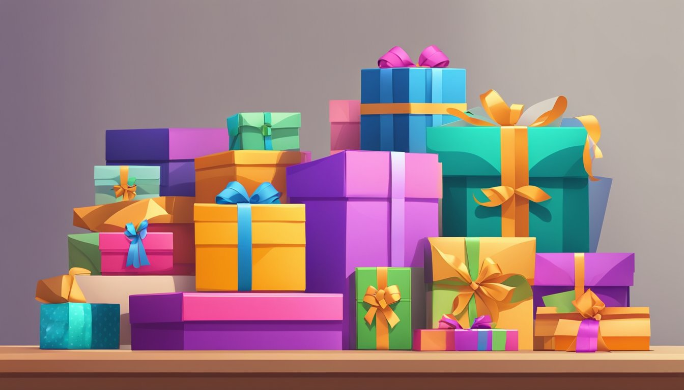 A pile of corporate gifts, wrapped in colorful paper, sits on a shipping table with a delivery truck in the background