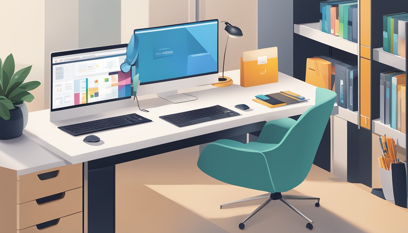 A group of corporate gifts, including branded mugs, notebooks, and USB drives, are neatly arranged on a sleek, modern desk. A customer service representative is seen smiling and assisting a client in the background