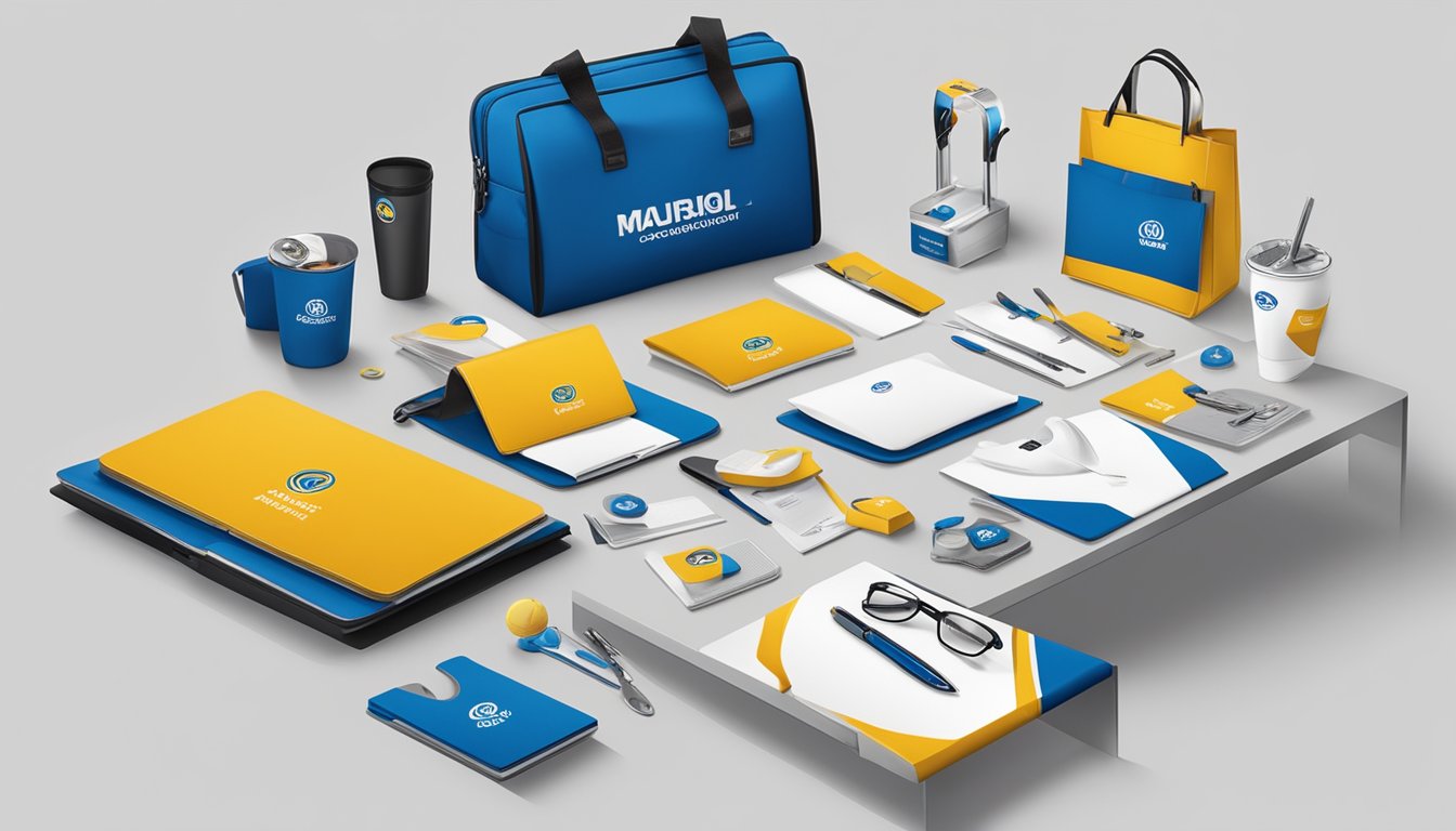 A table with various corporate gifts displayed, including branded items and promotional products. Company logo visible