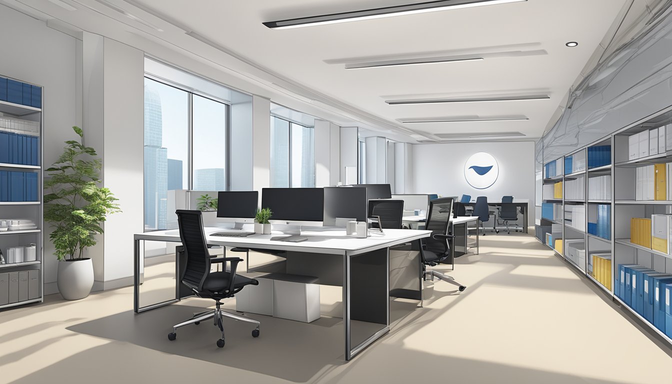 A sleek and modern office setting with the TREA Pte Ltd logo prominently displayed on the wall. Corporate gifts such as branded merchandise and promotional items are neatly arranged on shelves and tables
