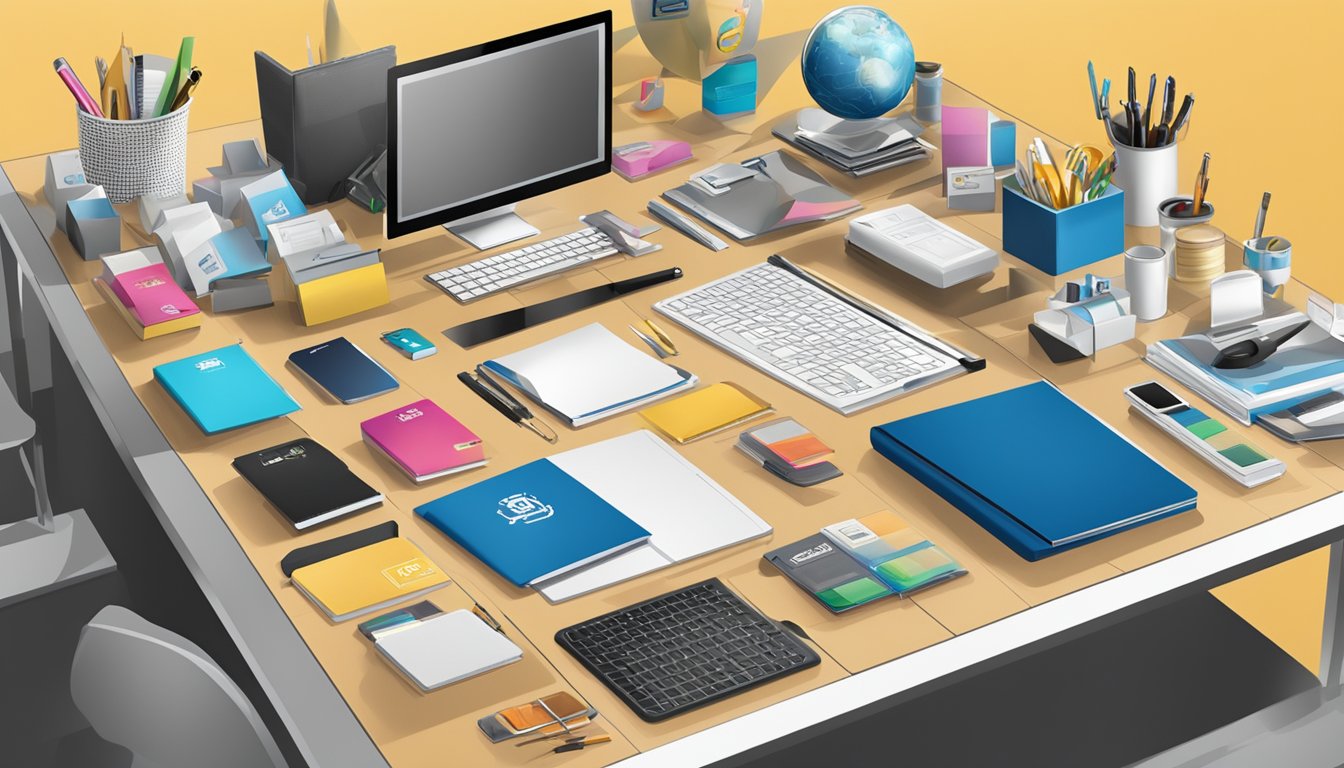 A table filled with various corporate gifts, including branded merchandise and customized items, displayed in an organized and attractive manner