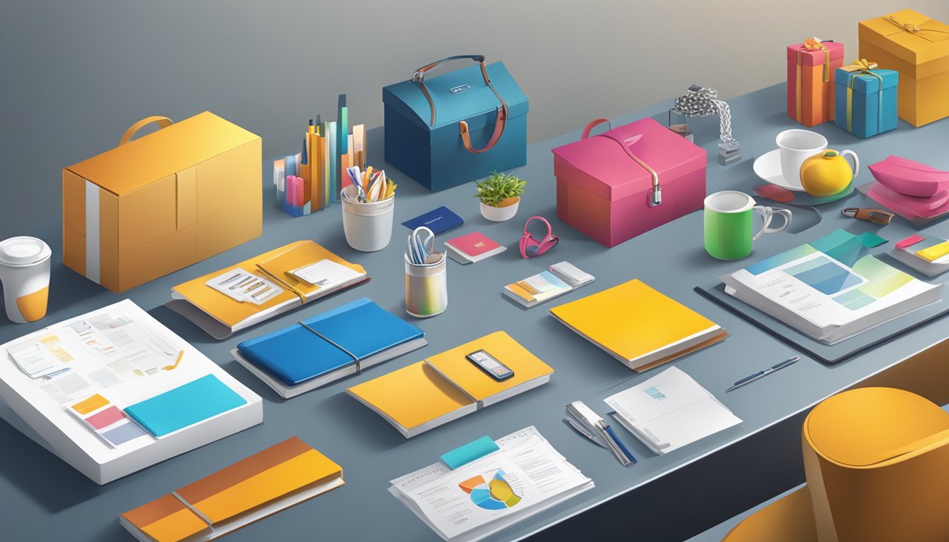 A table with various corporate gifts displayed, including branded merchandise and promotional items. A price list and value comparison chart are visible in the background