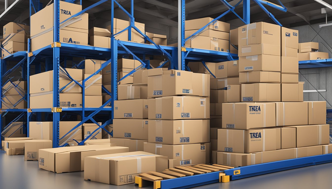 A stack of corporate gifts sits on a warehouse shelf, ready for delivery. Boxes are labeled with the TREA Pte Ltd logo