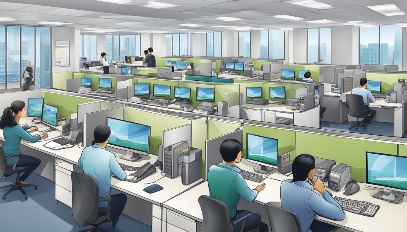 A busy office with employees answering phones and processing orders for corporate gifts. TREA Pte Ltd logo prominently displayed