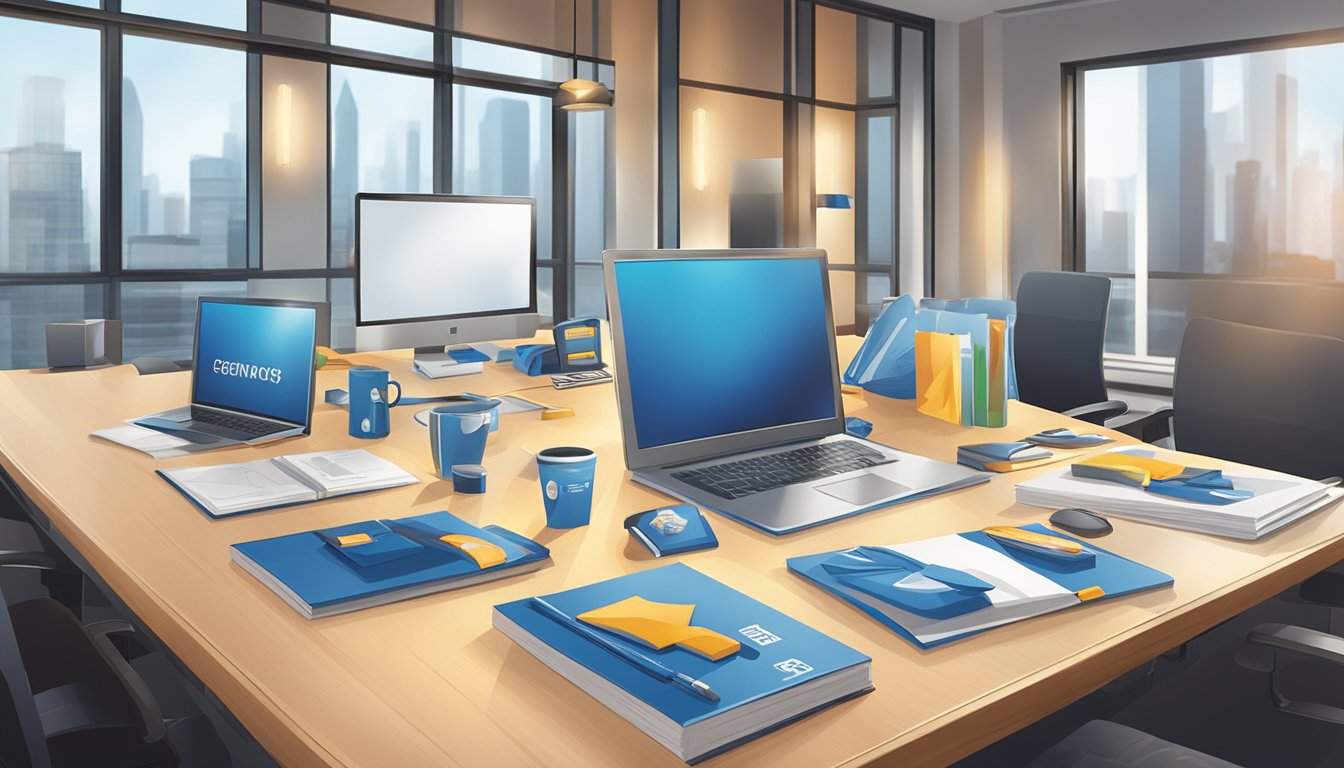A table with various corporate gifts displayed, including branded merchandise and promotional items. Bright lighting and a clean, professional setting