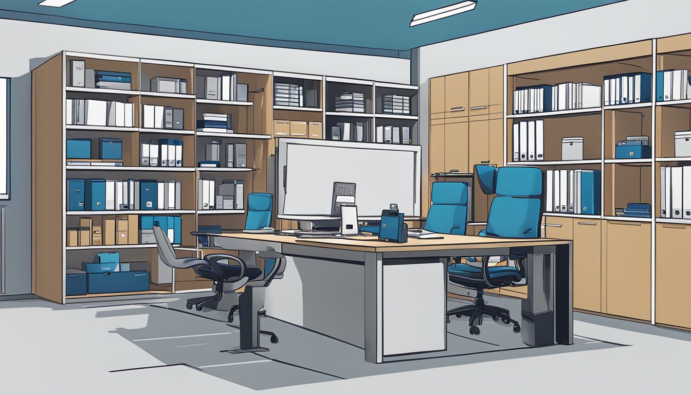 A modern office setting with branded corporate gifts displayed on shelves and desks, showcasing the professionalism and attention to detail of Giftr Technology Pte. Ltd