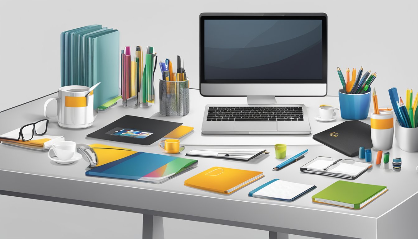 A table filled with various corporate gifts, including customizable items like mugs, pens, and notebooks. The logo of Giftr Technology Pte. Ltd. is prominently displayed on each product