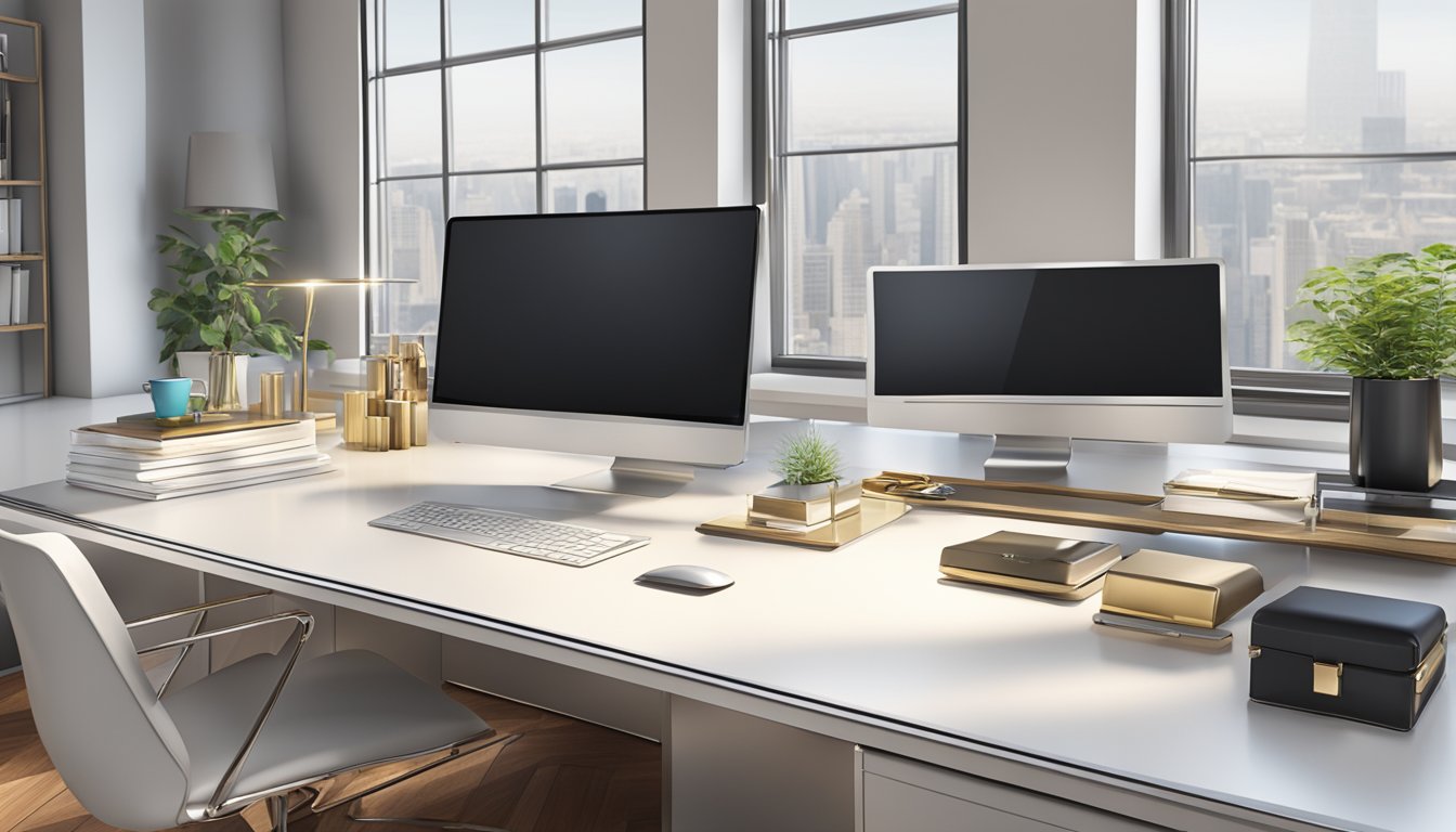 A sleek, modern office desk adorned with high-end corporate gifts, showcasing exquisite craftsmanship and attention to detail