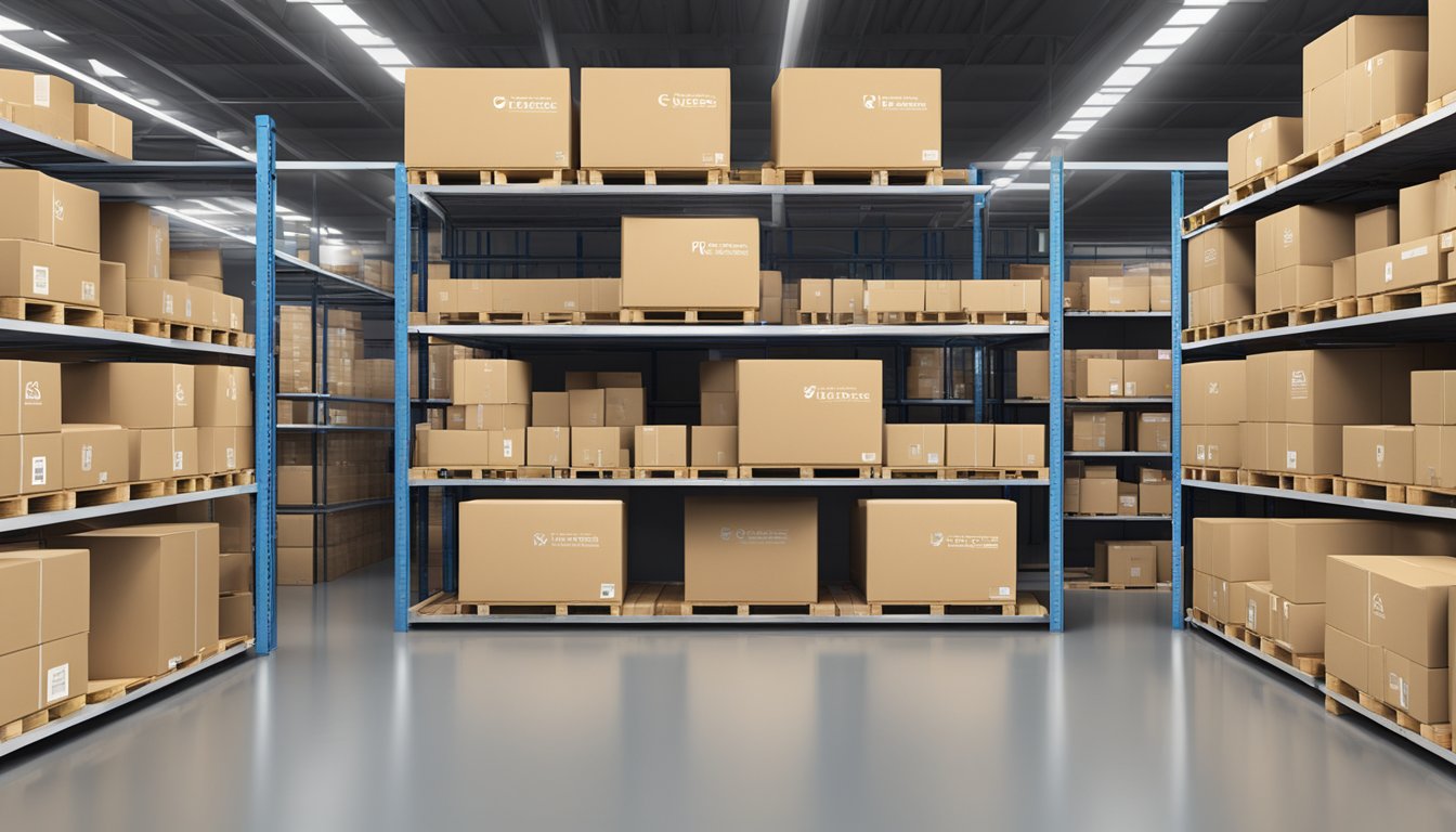 A stack of corporate gifts sits on a warehouse shelf, ready for shipping. Boxes are neatly labeled with the Giftr Technology Pte. Ltd. logo
