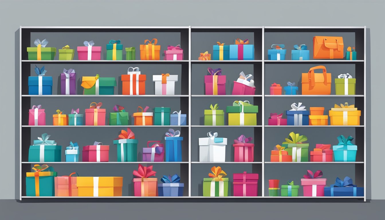 A colorful array of corporate gifts displayed on shelves with a logo-emblazoned backdrop. Tables showcase branded merchandise and promotional items