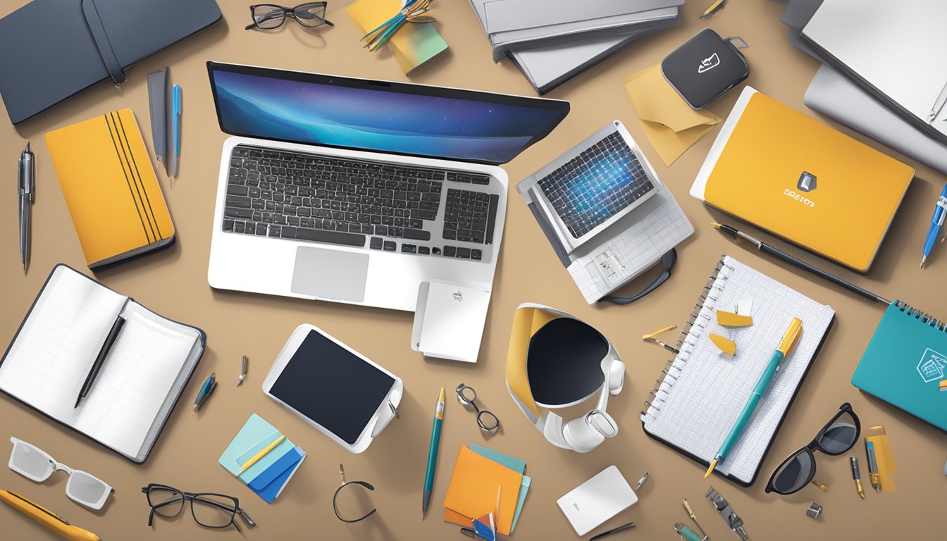 A table with various corporate gifts displayed, including branded pens, notebooks, and tech accessories. The EasyPrint Technologies Pte Ltd logo is prominently featured on each item