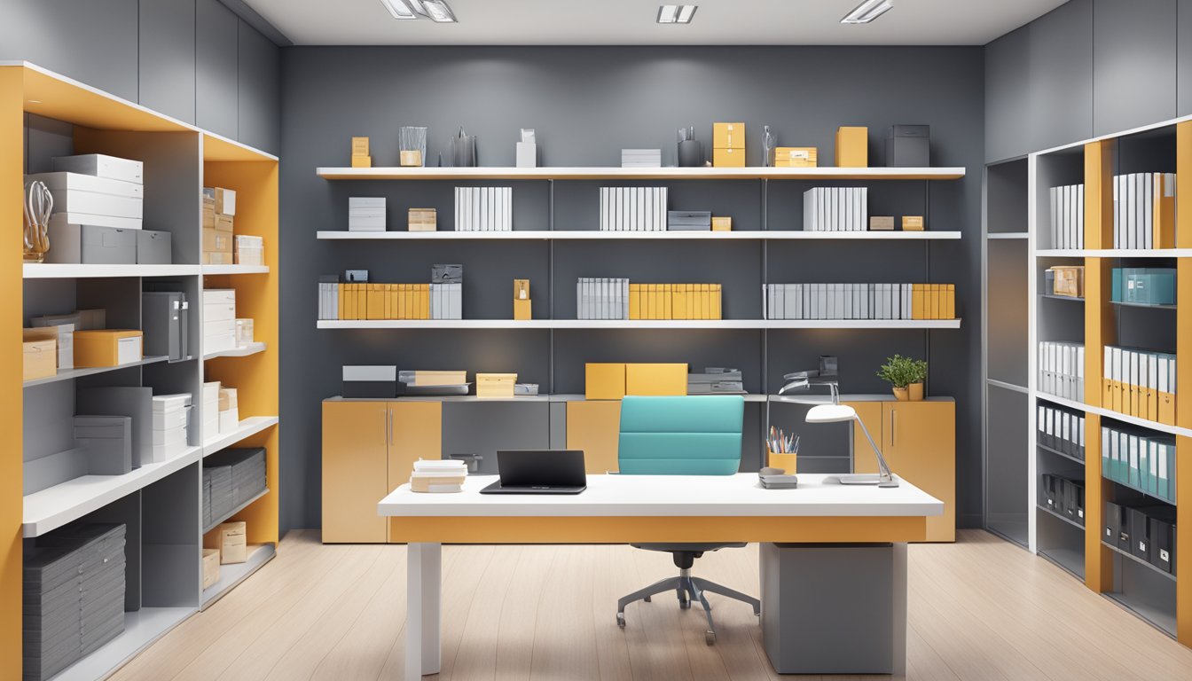 A sleek, modern office space with shelves displaying various corporate gifts. The company logo is prominently featured on the wall