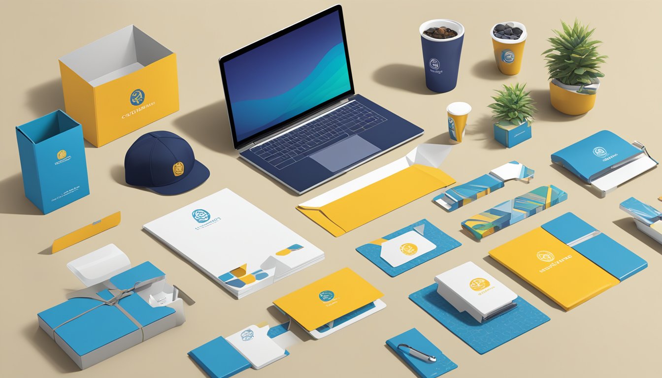 A table displaying a variety of corporate gifts, including branded stationery, tech accessories, and custom-printed merchandise. Bright, modern packaging and sleek designs