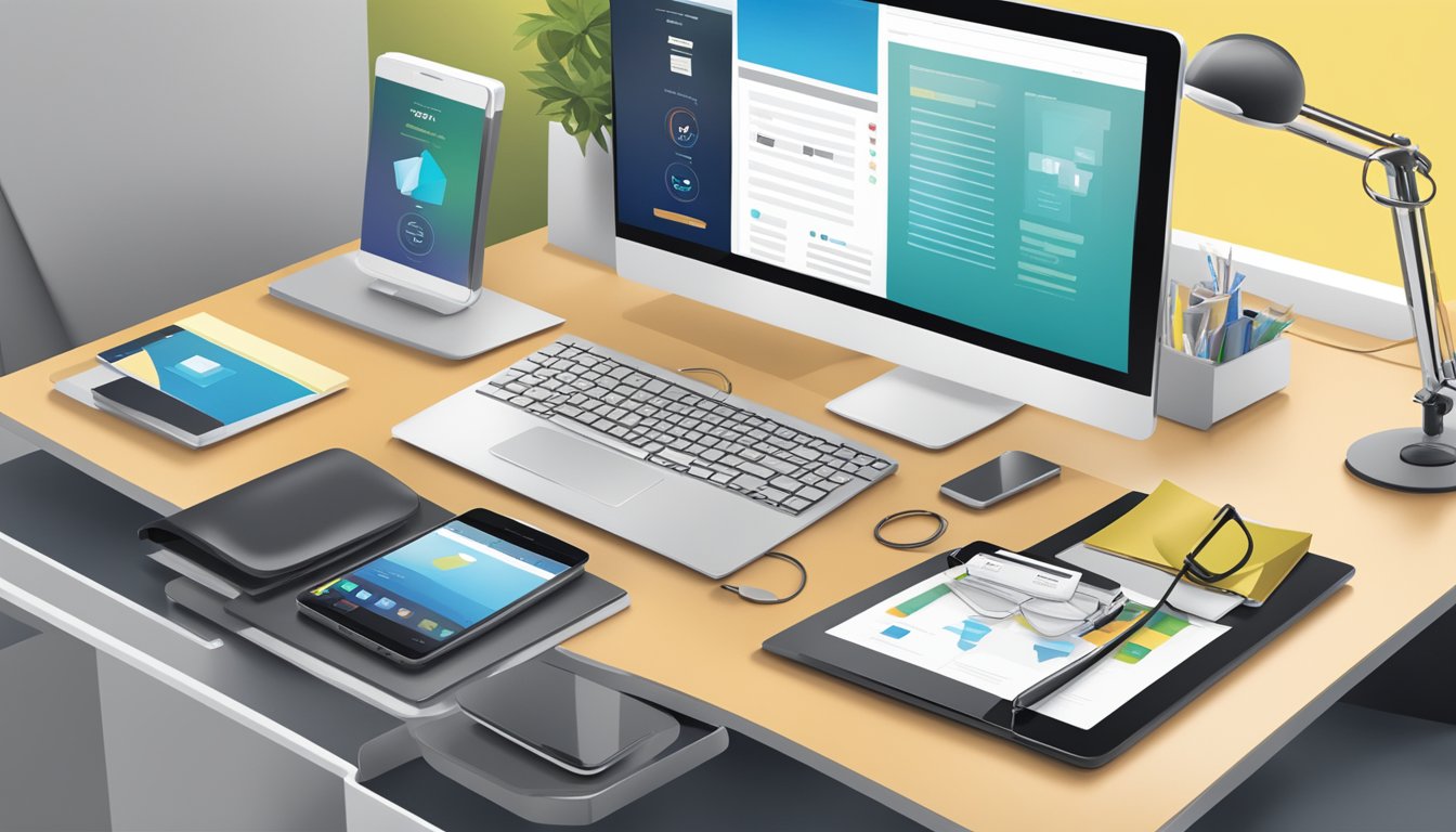 A desk with a computer, phone, and corporate gift samples. EasyPrint logo displayed. Bright, modern office setting
