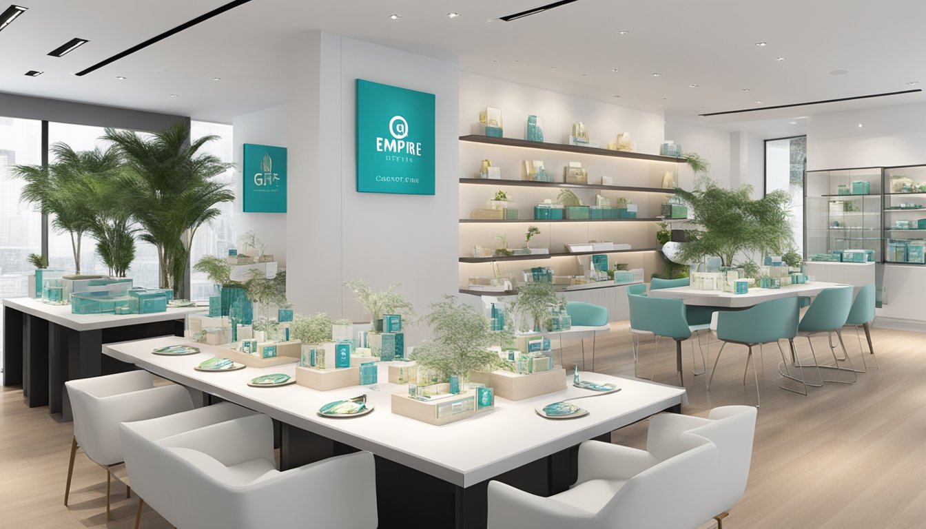A table adorned with elegant corporate gifts, branded with The Gift Empire Pte Ltd logo, displayed in a sleek and modern showroom